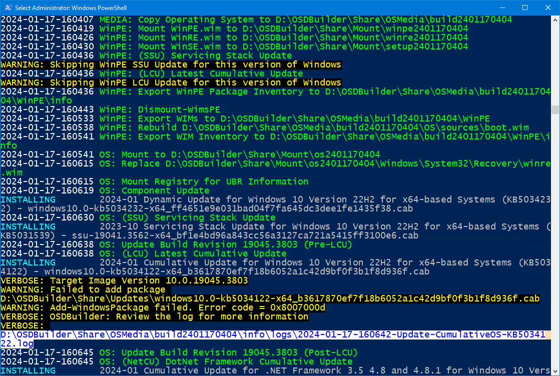 manelrodero's tweet image. Confirmed. I have imported the Windows 10 22H2 ISO corresponding to December 2023. I have tried to install the January 2024 updates and it FAILED :-/
Tomorrow I will look at the logs in depth and that error code in case there are any clues.
PS: ADK 10.0.25398.1
#OSDBuilder