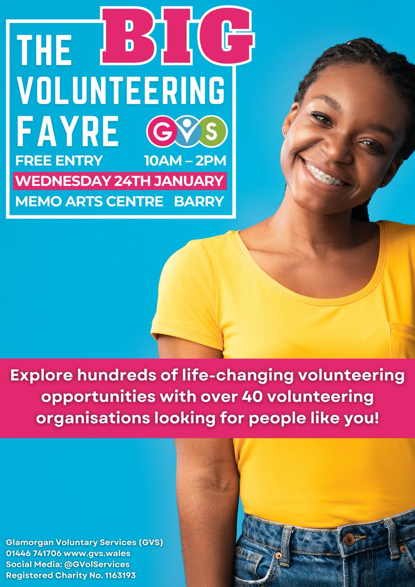 Counting down to offering volunteering opportunities at the @gvolservices #BigVolFayre2024 on Wednesday 24 January at @BarryMemo 10am - 2pm #ValeofGlamorgan #Volunteer #Volunteering