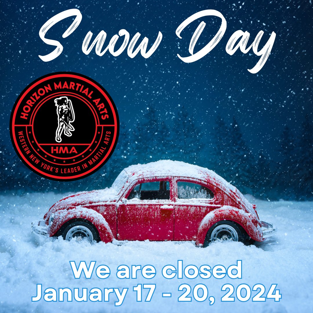 We are closed Jan 17 - 20. Remember to stay safe, keep your spirits high, and of course, go Bills! See you all next week! 🥋❄️🏈

#horizonmartialarts #snowday #westseneca #buffalo #winterweather #filipinomartialarts