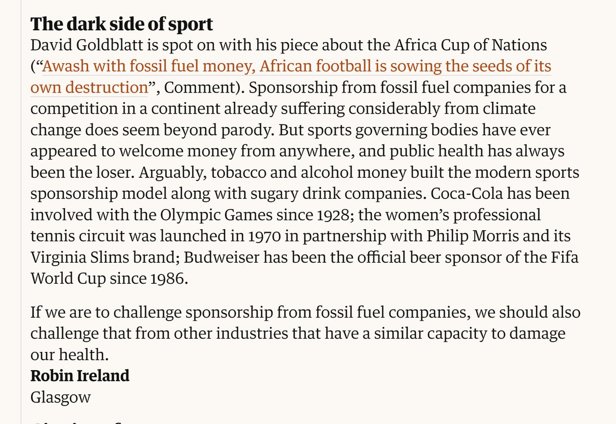 Pleased that my letter on unhealthy sport sponsorship was carried by @ObserverUK. The complete text also mentioned gambling. We should question more where some of sport's funding comes from and the impact this has on public health @healthystadia @food_active @SHAAPAlcohol