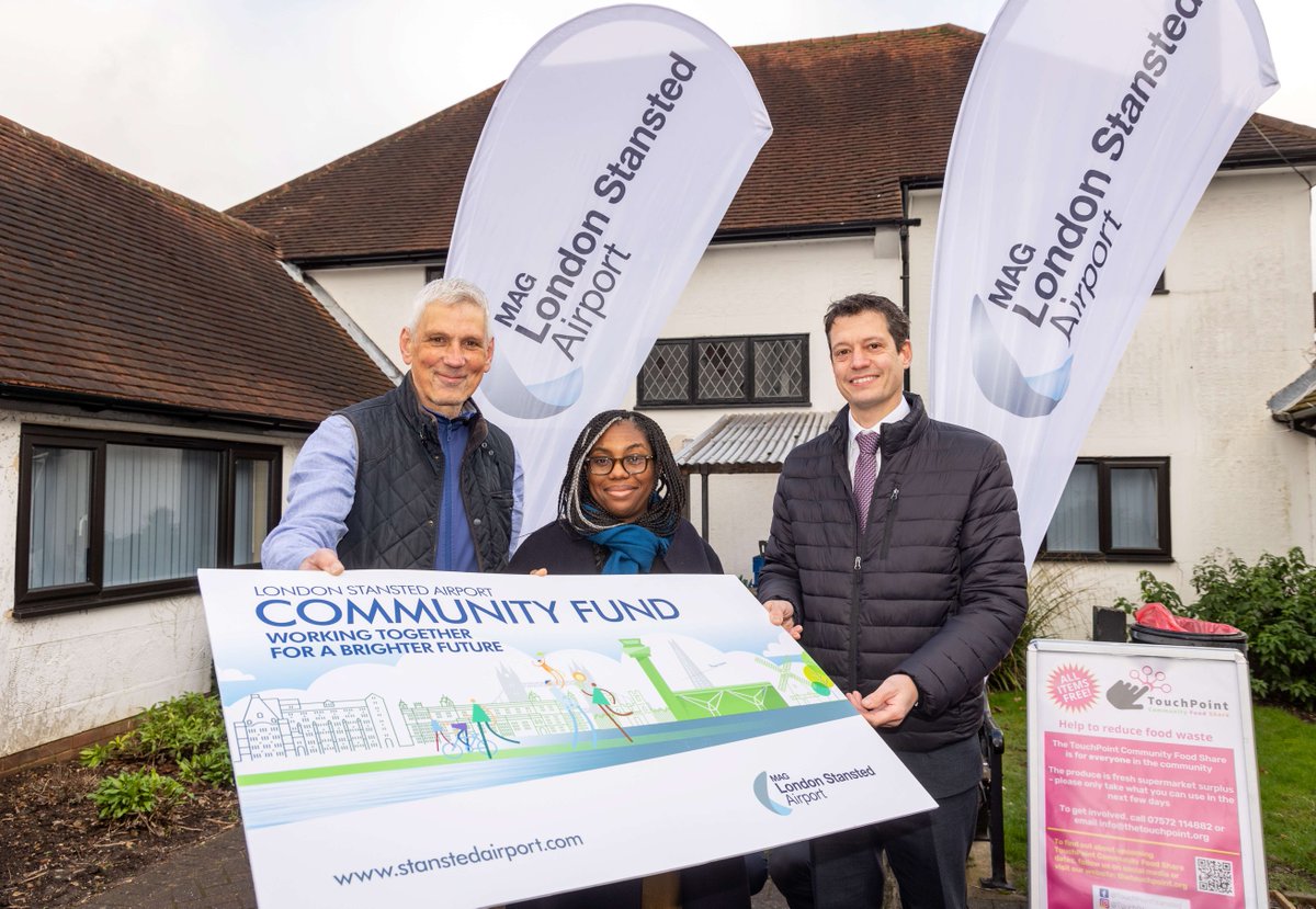 STN_Airport's tweet photo. We're delighted to award community wellbeing organisation, Touchpoint Stansted, a £50,000 grant from the @STN_Airport Community Fund ✈️

@KemiBadenoch, MD Gareth Powell &amp; Paul Chambers of Touchpoint attended a special event to mark the award.

Read more 🔗 https://t.co/X3oMxoDOK7 https://t.co/t8idW2dvey