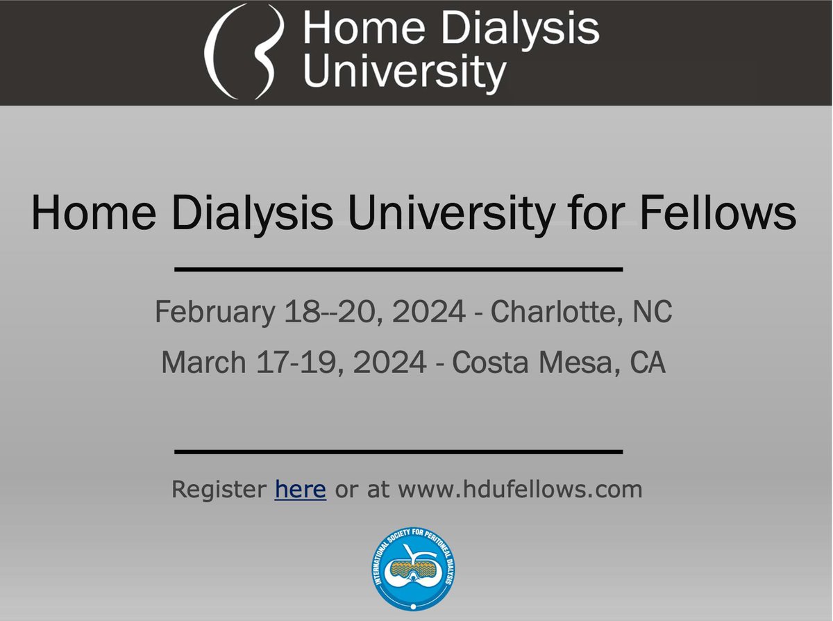 Nephrology fellows! A Great Opportunity to learn more about home dialysis!!!! Register and Join Us @ISPD1 #HDU #homehemodialysis #peritonealdialysis hdufellows.com @AsnEpc