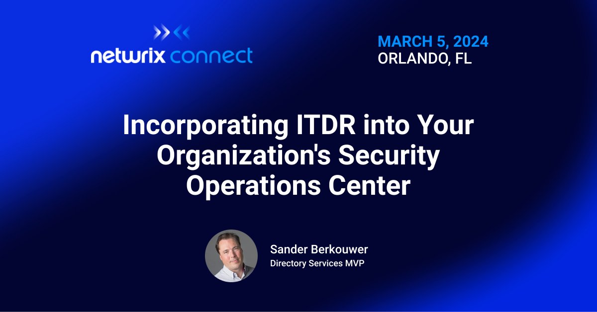Netwrix's tweet photo. π Exciting news! #NetwrixConnect 2024 is around the corner!
Join Sander Berkouwer, Directory Services MVP, as he talks about βIncorporating ITDR into Your Organization's Security Operations Centerβ ποΈ
Save your spot at a discounted price of $399: https://t.co/qPmggpTe11 https://t.co/QVIQfgBOxW