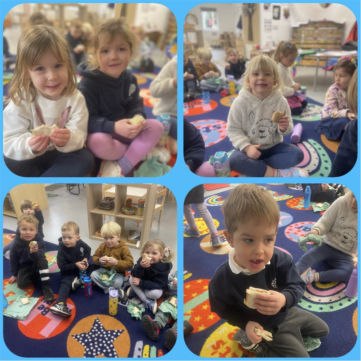 In Maths we are learning about number 4. Today we were introduced to four-sided shapes! So we decided to make delicious sandwiches and cut them in to squares 🟦😋💙@DanesfieldSchl