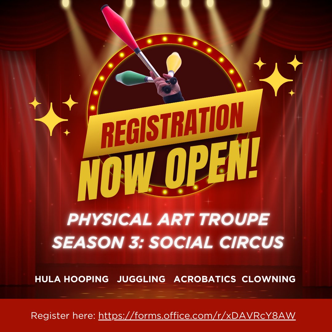 REGISTRATION IS NOW OPEN! LINK available here: forms.office.com/r/xDAVRcY8AW 
Social Circus is a unique philosophy that combines the learning and practicing of circus skills with strengths-based approaches to build confidence and increase  natural social support networks.
