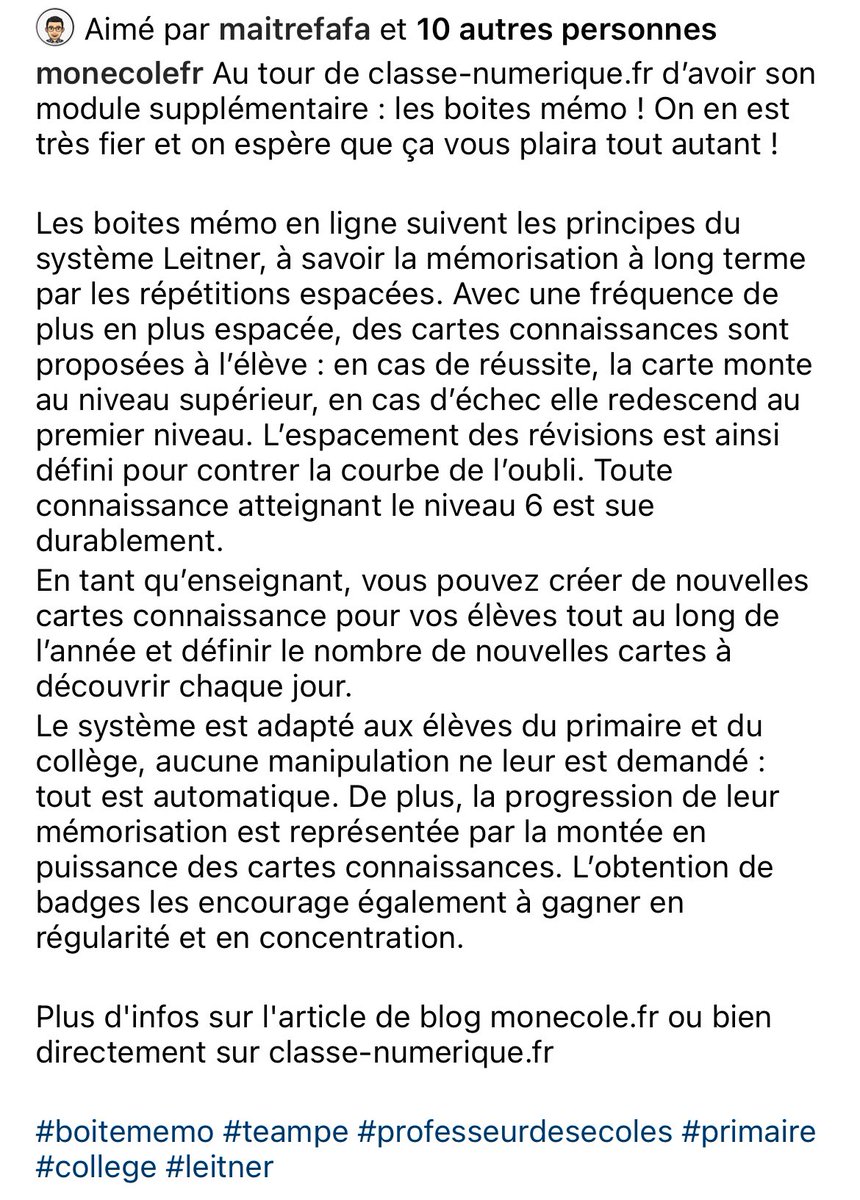 Ooh 🤩 vous avez vu ça ? <a href="/monecolefr/">Lorin Walter - monecole.fr</a> sort un outil de « flash cards » en ligne, avec répétition espacée !
Des sortes de boîtes de Leitner simplifiées pour le primaire, où c’est l’enseignant qui crée les cartes et l’outil qui gère l’espacement pour chaque élève ! Magnifique !