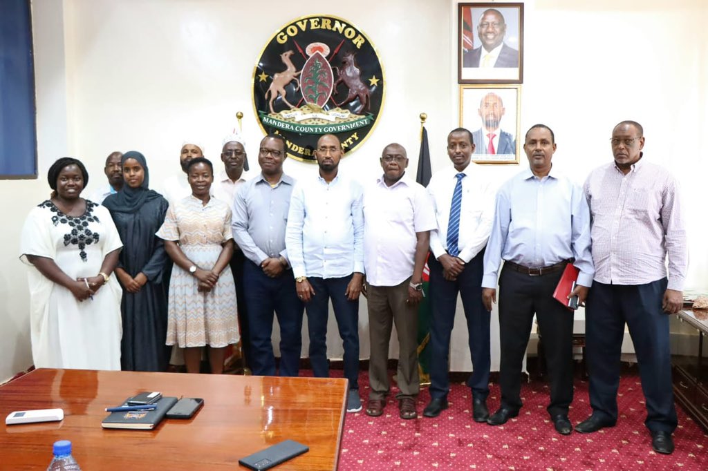 MohamedAKhalif's tweet photo. Earlier today, a team from the Water Resources Authority, led by Mr. John Munyao, the WRA Ewaso Ngiro Basin Area Coordinator, along with Mr. Gathima from the WRA Mandera Satellite Office and Dr. Mohamud Eda, CEC Water Services, paid a courtesy call to my office. 

They provided a comprehensive briefing on the progress of the Horn of Africa Ground Water for Resilience Program (HoAGW4RP), highlighting stakeholder engagements at Amara Blue Resort, scheduled to conclude on January 18, 2024. The initiative, aimed at benefiting approximately 1.5 million people in Turkana, Marsabit, Wajir, and Mandera counties, encompasses integrated projects focusing on water resource management, water services, and sanitation services. 

The workshop's primary objective is to select priority sub-catchment sites for implementing Managed Aquifer Recharge activities, catchment conservation, and livelihood initiatives. Funded by the @WorldBank , the program, coordinated by the Ministry of Water, Sanitation, and Irrigation, involves the Water Resources Authority as an implementing agency.