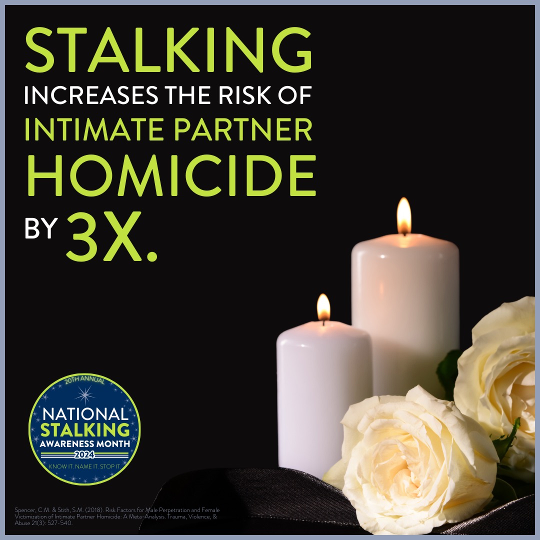 AAFVHope's tweet photo. Stalking is a significant risk factor for intimate partner homicide. Intimate partners who stalk are generally more dangerous than those who don’t stalk. Stalking must be taken seriously when it begins, not only when it escalates to violence. #KnowItNameItStopIt #NSAM2024 #aafv https://t.co/Vt8mEIbyuh