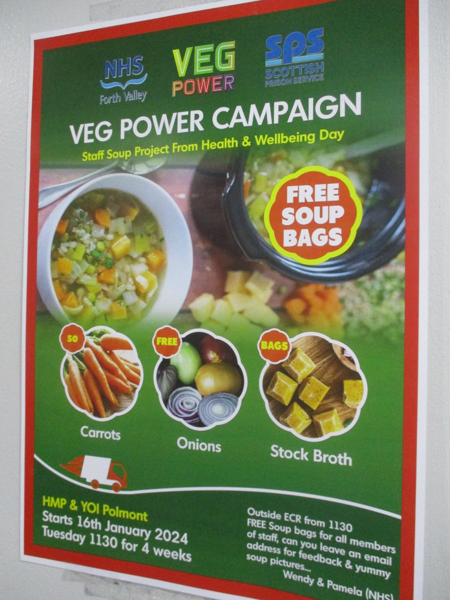 The Public Health Nutrition Team @NHSForthValley have been working with HMP & YOI Polmont on a @VegPowerUK campaign. Staff were given free soup bags including a recipe and ingredients to make the soup of the week. Initial feedback has been very positive! @Murray1Pamela