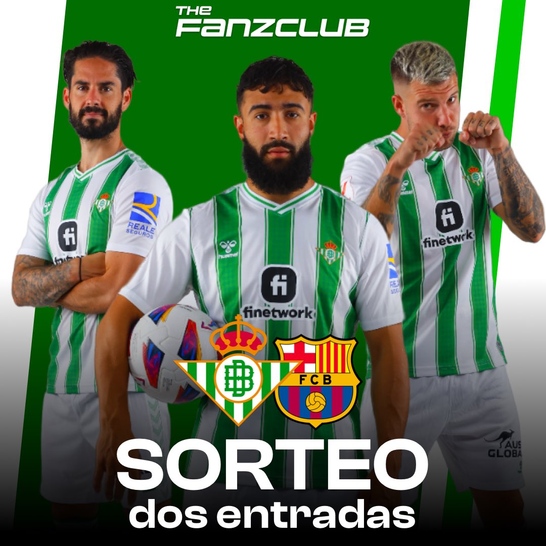 🚨Sorteo <a href="/RealBetis/">Real Betis Balompié 🌴💚</a> - <a href="/FCBarcelona/">FC Barcelona</a> 🚨

2 ENTRADAS 
#RealBetisBarça 

¿Cómo obtenerlas?
1⃣ Haz RT y dale like a este tuit.
2⃣ Visita fanzclub.com/realbetis/expe… y haz clic en "registrarse ahora".