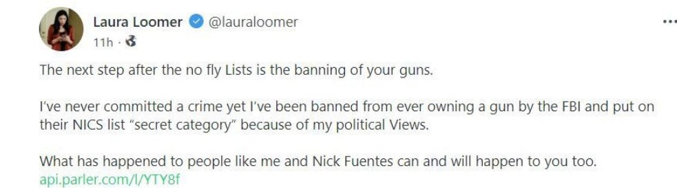 Laura Loomer can not own a firearm. 
Why?
She has been TWICE COMMITTED to a psych ward by her own father, Jeff. Don't let her lie about the whys.