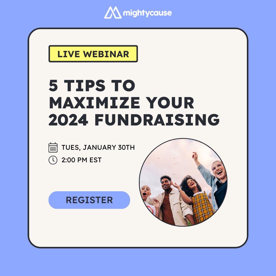 UPCOMING WEBINAR: 5 Tips to Maximize Your 2024 Fundraising Join us to learn what strategies in 2024 you can leverage to achieve your fundraising goals. Let's make 2024 your best fundraising year ever! 🚀 DATE: Tue, Jan 30th, 2:00 PM EST REGISTER HERE: hubs.ly/Q02gNj1g0