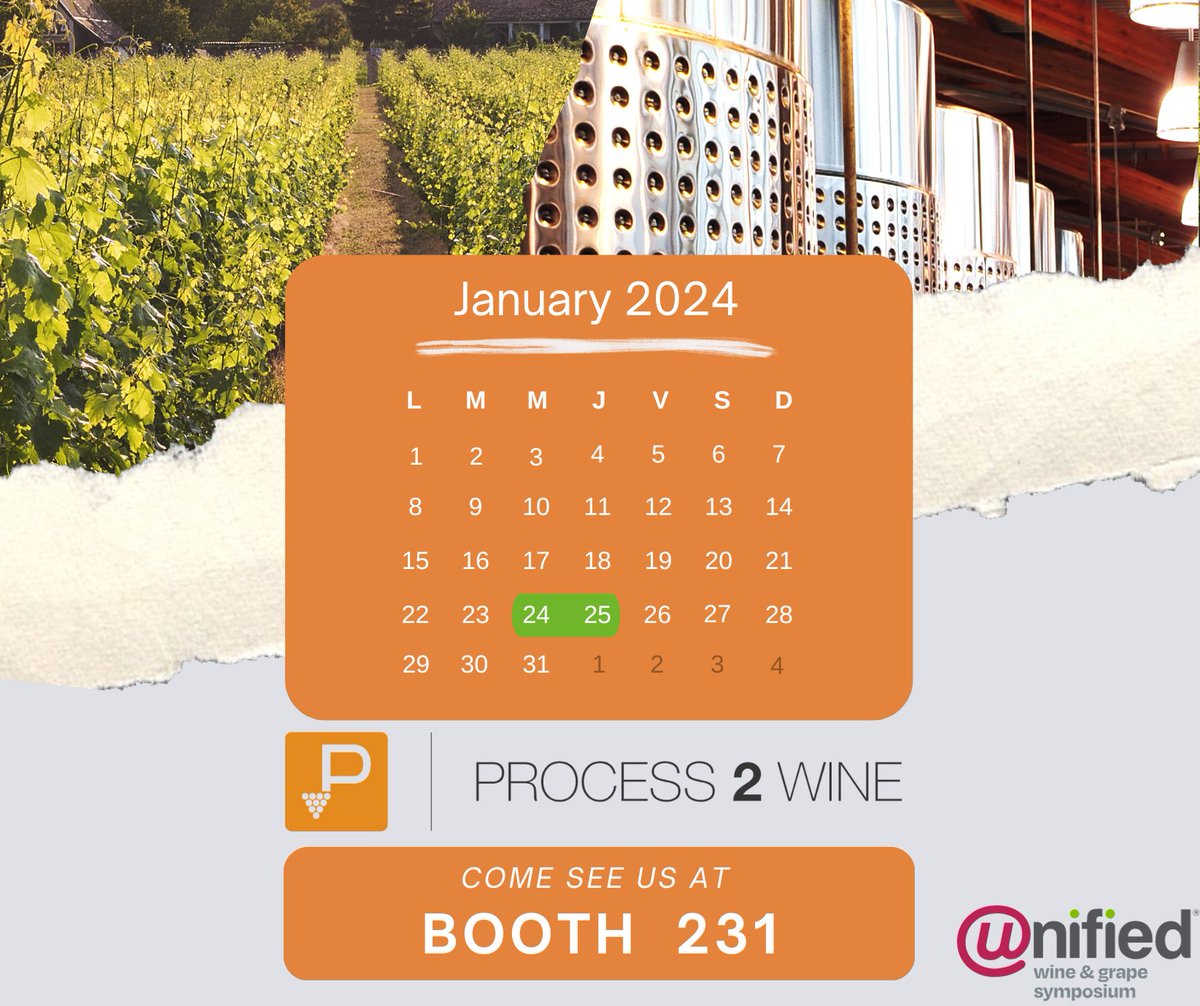 Process2Wine_NA's tweet photo. Visit us at booth 231 during @theunified January 24th-25th.
Explore our cutting-edge vineyard and winery solutions in a live demo. Partnering with Agrology we’re ready to elevate your vineyard experience. Don’t miss out on unlocking the full potential for your vineyard and winery https://t.co/QuiaCKLDdG