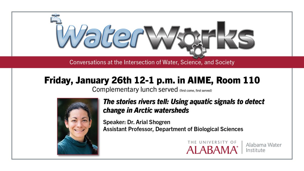 We will see you next Friday, 1/26, for our first WaterWorks of the semester! This semester we will be in AIME 110. Dr. Arial Shogren The stories rivers tell: Using aquatic signals to detect change in Arctic watershed