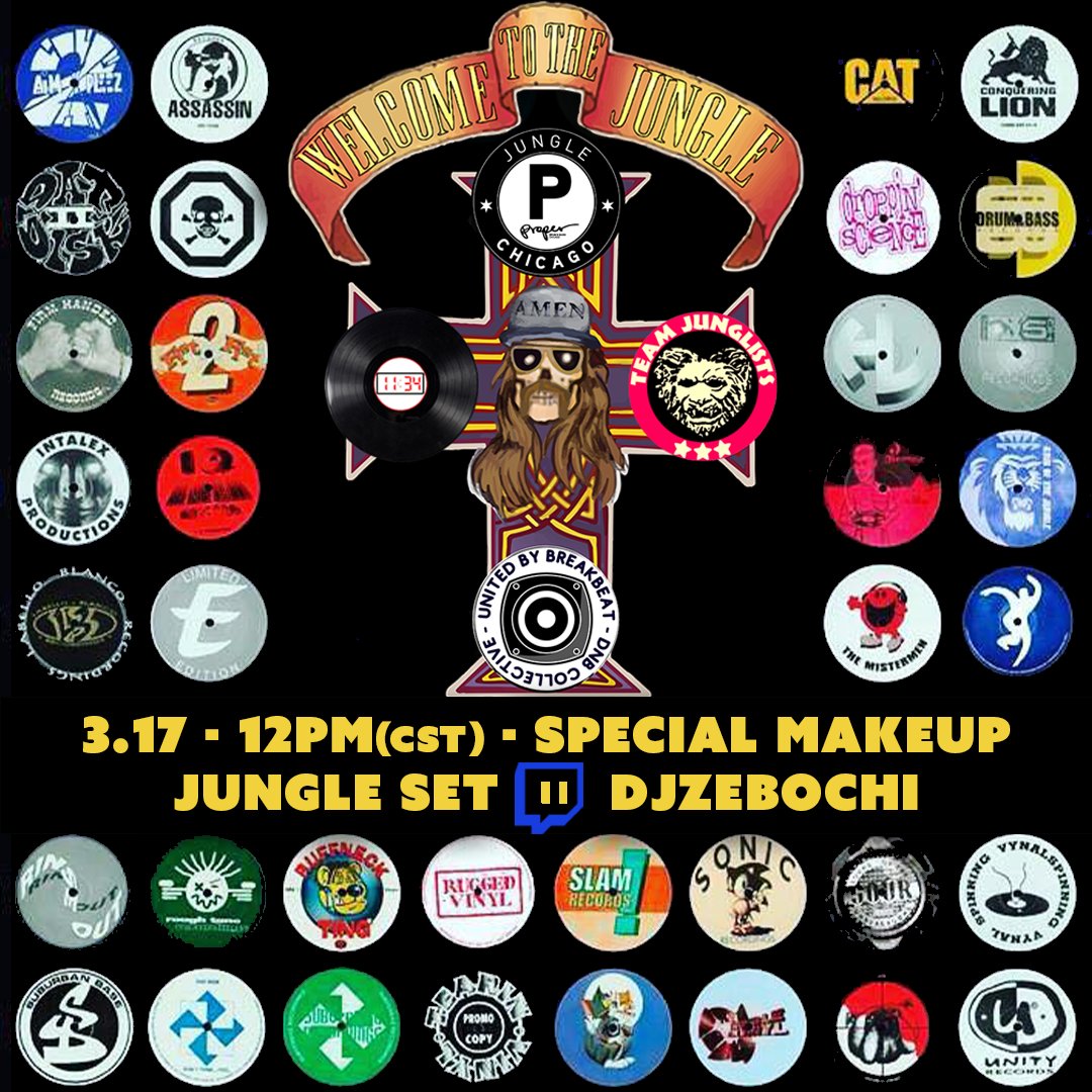 DJzebo's tweet photo. Today I'm playing a special Jungle set at noon my time 12pm(cst) to make up for "Welcome to the Jungle" yesterday. Mu twitch is at www.twitch.tvDJZeboCHI Come vibe to tunes from my vinyl collection. #Jungle #DJ #VinylDJ #junglist #Chicago #chiordie #breakbeattechno https://t.co/6iPSRH4Zeq