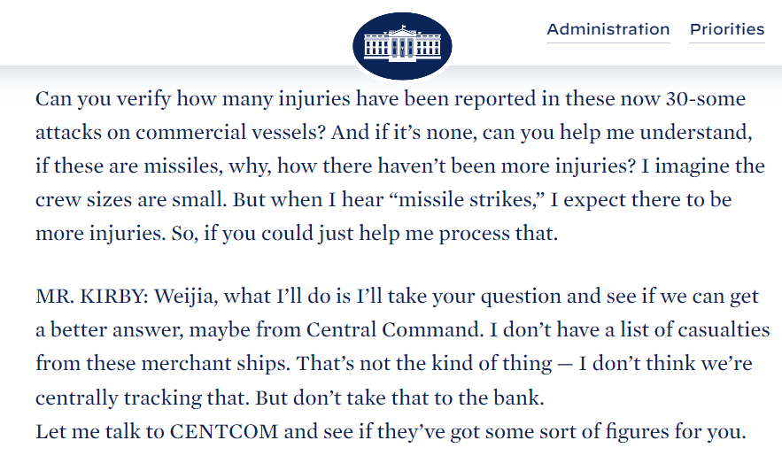 Notable that Biden admin couldn't cite a single death or injury caused by Houthis in Red Sea This shows that the entire unauthorized US military escalation is solely about shipping delays & insurance costs It's truly 'Operation Late-Stage Capitalism,' as @BRhodes jokingly said