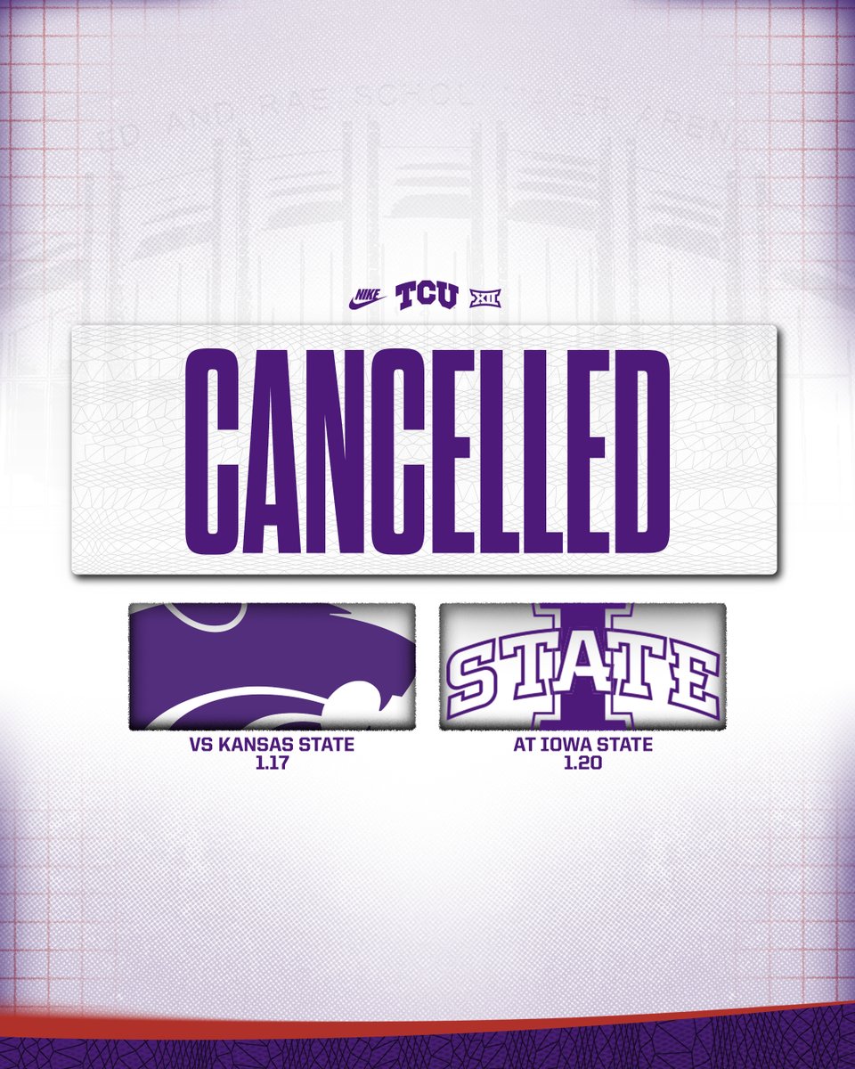 TCU_Athletics's tweet photo. TCU's Women's Basketball games vs K-State and Iowa State have been cancelled due to injuries within the program and in the interest of the health and safety of our student-athletes.

Fans who purchased tickets to Wednesday's game against Kansas State may exchange them for tickets to any remaining home game based on availability.

Press release ➡️ https://t.co/yp62J8hSdP #GoFrogs

#GoFrogs