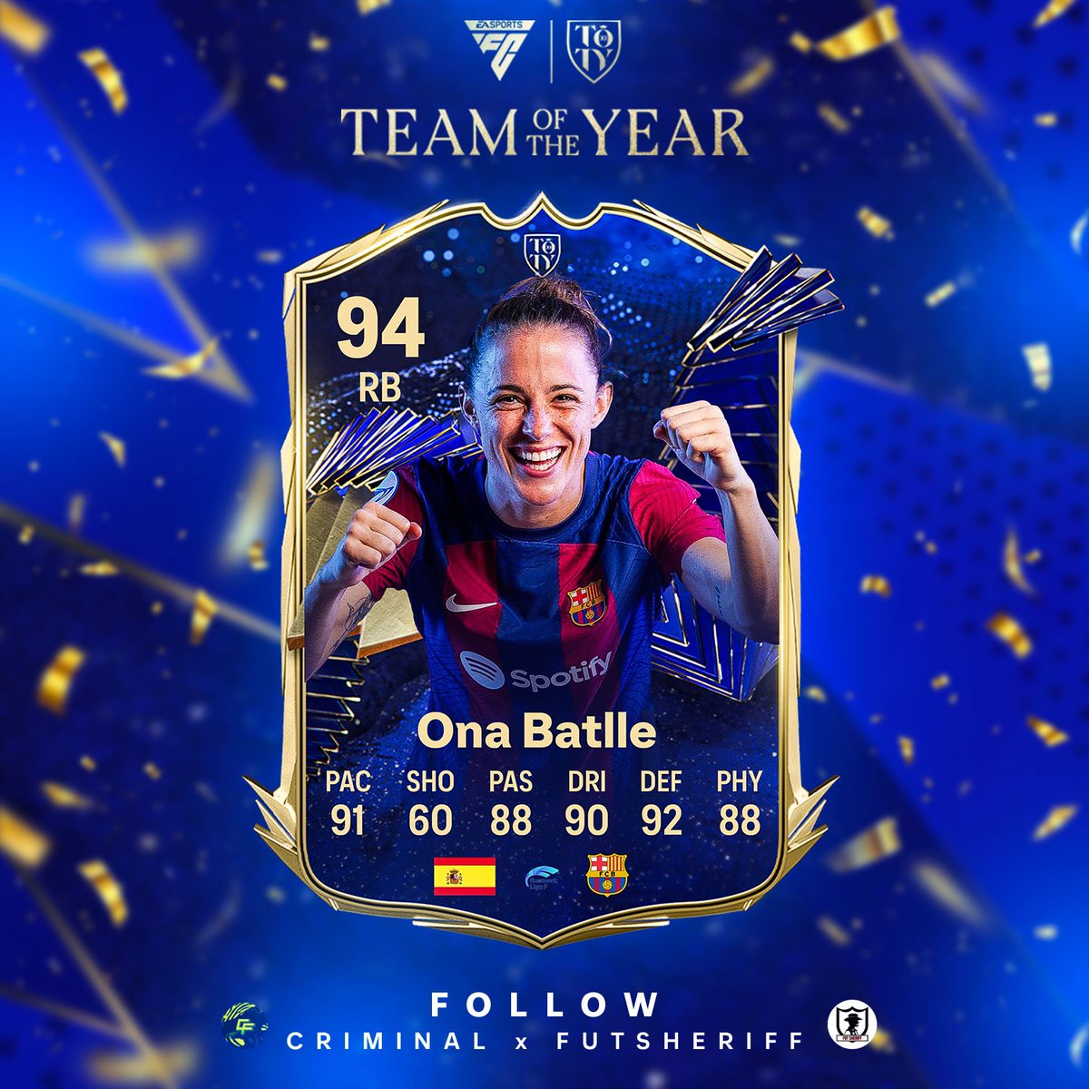 FutSheriff's tweet photo. 🚨Ona Batlle 🇪🇸 is coming as TEAM OF THE YEAR!🔥

Stats are prediction!

Make sure to follow @FutSheriff &amp; @Criminal__x !

#fc24 https://t.co/PbmfScFa0E