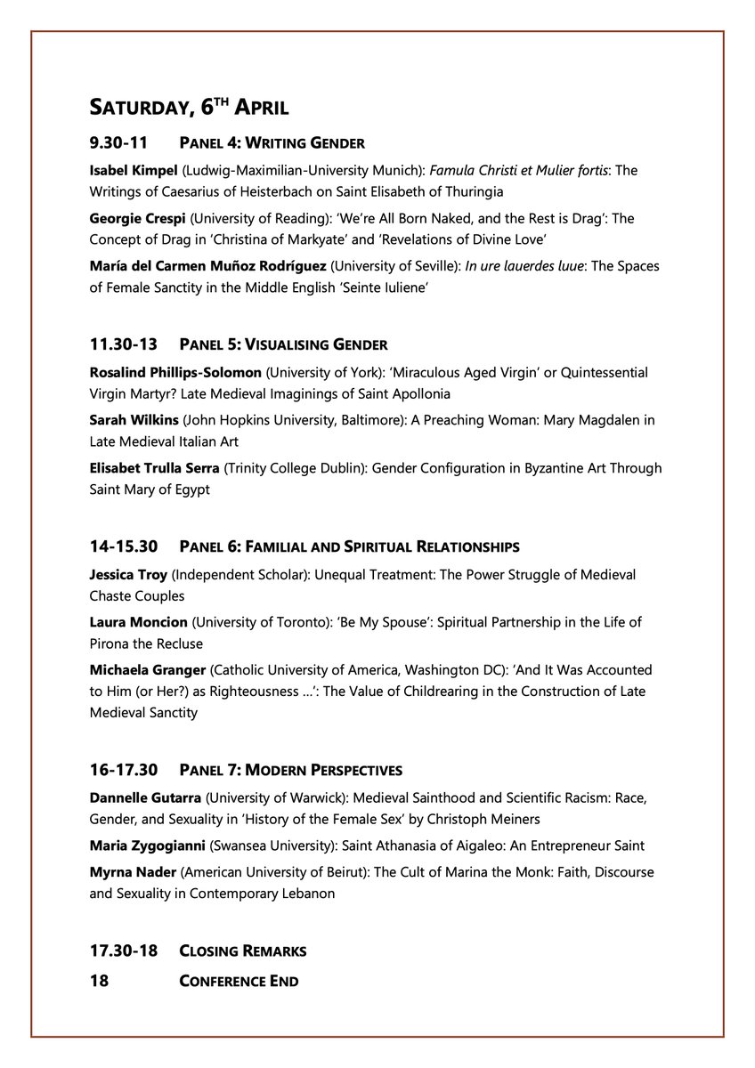 I am delighted to announce the programme for @divisivesaints' and my conference on Gender and Sainthood. With a keynote lecture by @aspencerhall and 21 wonderful papers, this promises to be two fantastic days. Register here: forms.office.com/e/rCinyKesGq #medievaltwitter