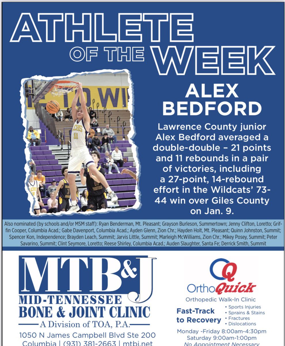 Maurice Patton (@mopatton_sports) on Twitter photo Lawrence County junior Alex Bedford is the <a href="/MainStreetMaury/">Main Street Maury</a> <a href="/MTBJClinic/">MTBJ</a> Athlete of the Week for Jan. 8-14 … <a href="/LC_Basketball/">LCHS Boys Basketball</a> <a href="/BCATHOOPS/">BCAT</a> <a href="/MS_SportsToday/">Main Street Sports Today</a> <a href="/MainStreetPreps/">Main Street Preps</a> Lawrence County junior Alex Bedford is the <a href="/MainStreetMaury/">Main Street Maury</a> <a href="/MTBJClinic/">MTBJ</a> Athlete of the Week for Jan. 8-14 … <a href="/LC_Basketball/">LCHS Boys Basketball</a> <a href="/BCATHOOPS/">BCAT</a> <a href="/MS_SportsToday/">Main Street Sports Today</a> <a href="/MainStreetPreps/">Main Street Preps</a>