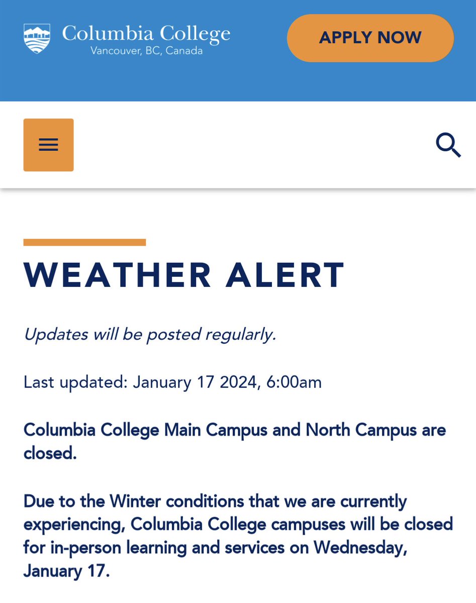 ccvancouver's tweet photo. College campuses are closed today Wednesday January 17, 2024. https://t.co/lVOyiiND71