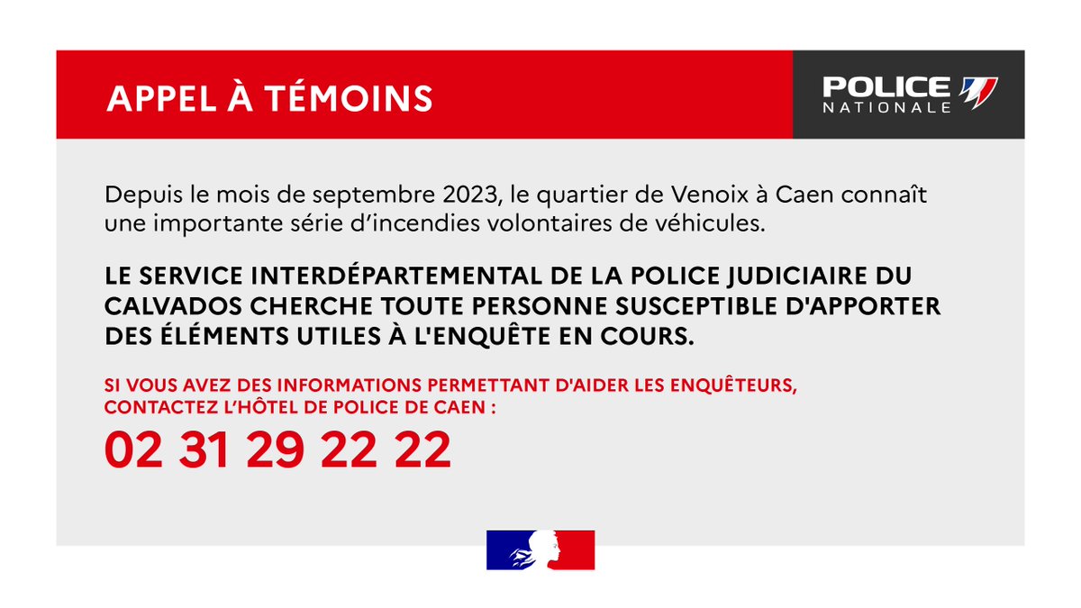 PoliceNat14's tweet image. #AppelATemoins | 🔍 Depuis le mois de septembre 2023, le quartier de Venoix à @CaenOfficiel connaît une importante série d'incendies volontaires de véhicules.
ℹ La police judiciaire du #Calvados cherche toute personne susceptible d'apporter des éléments utiles à l'enquête.