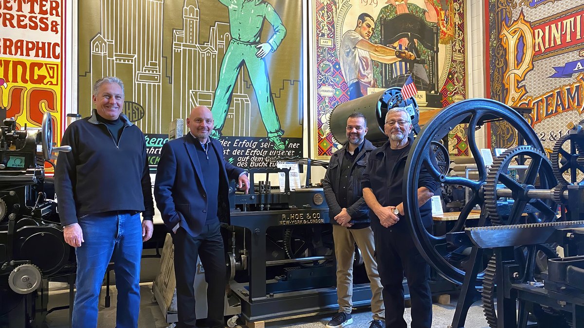 HowardIronWorks's tweet photo. Delighted to have these distinguished guests, from l-r, #Heidelberg Canada's Bill Wilson, Mgr-National Accts. and Harold Hoff, VP-Sales&amp;Service, with Len Larose, Founder &amp; CEO of PBI. Looking forward to welcoming them back soon. #printingmuseum #printinghistory #museumrestoration https://t.co/2LW3MkGSOk