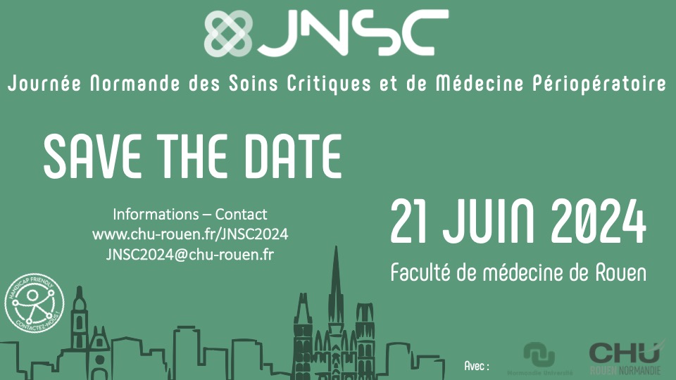 📅 Save The Date 📅 : 21 Juin 2024 à Rouen !  
Une nouvelle édition de la #JNSC, (Journée Normande des Soins Critiques)  ! 
Le rendez vous #multiprofessionnel #multidisciplinaire des acteurs des #soins_critiques !
@CHURouen
@ACesu76
@MTC_Rouen
@enscamu
@ComunNormandie
@AjarRouen