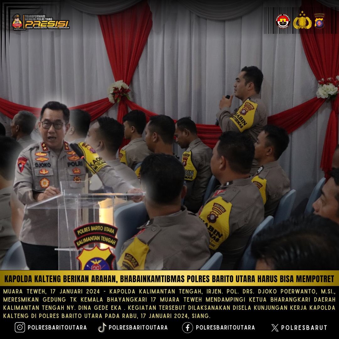 humasresbarut's tweet photo. Kapolda Kalteng Berikan Arahan, Bhabainkamtibmas Polres Barito Utara Harus Bisa Mempotret Situasi Wilayah
Muara Teweh, 17 Januari 2024
@DivHumas_Polri 
@Spripim_Polri https://t.co/nacC63ib25