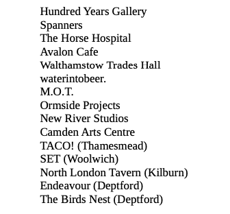 Quite a lot of people made suggestions yesterday of places that welcome weird/experimental livemusic in London. Here they are compiled below: