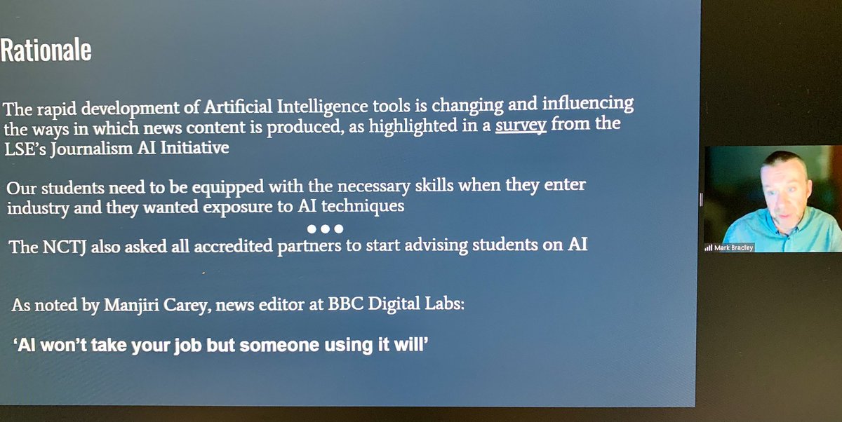 ‘AI won’t take your job but someone using it will,’ Quoted in an excellent presentation re designing assessment on the use of AI in journalism - at the #AJEWinterConf by @Mrawlins1974 and @SheffUniJourno @TheAJEUK