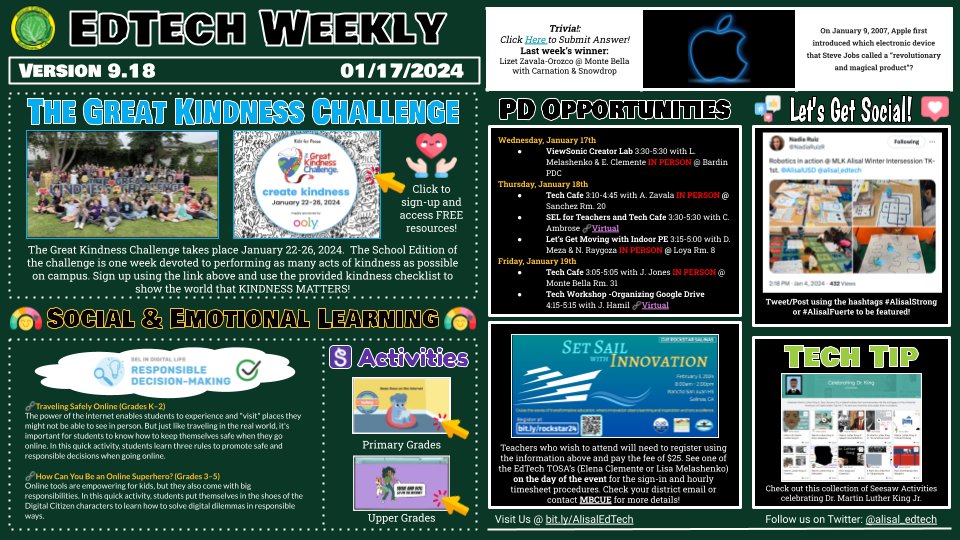 Hello @AlisalUSD! In this week's EdTech Weekly you will find resources for the Great Kindness Challenge 🥰, SEL in Digital Life💖, information about the upcoming @mbcue Rockstar event 💫, PD Opportunities 🖥️, and more! 🤖 #alisalstrong #alisalfuerte bit.ly/AlisalWeekly