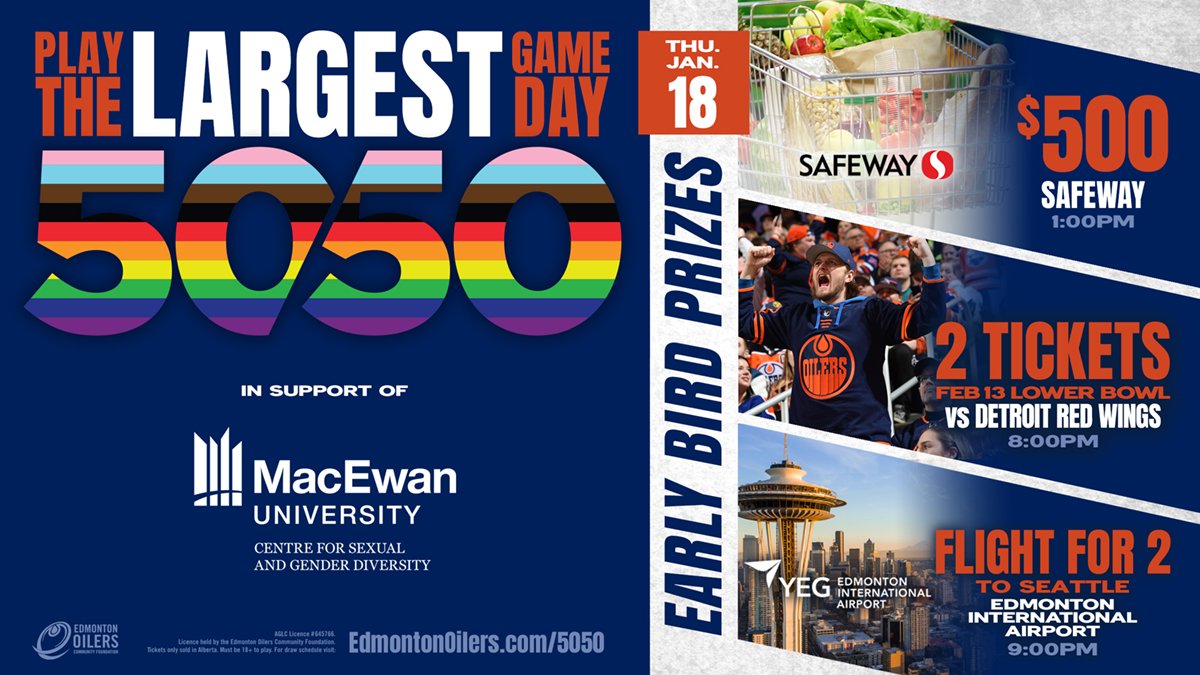 This Thursday’s Oilers 50/50 benefits CGSD. Get your tix & help our commitment to creating more inclusive, welcoming, and respectful sporting and community environments. #LetsGoOilers #HockeyIsForEveryone #MacEwanPride @edmontonoilers @oil_foundation @macewanu