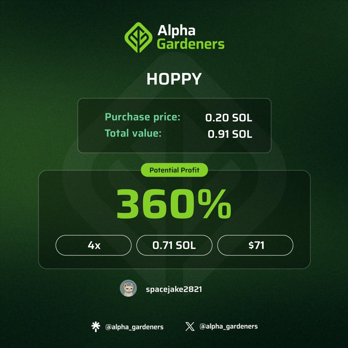 Space__Jake's tweet image. At the end of the last bull run, I bought @alpha_gardeners. Been sitting on them for almost 1.5 years and watching them build while everyone else struggles. Recently they have released their SOL shitcoin bot and all it does is print money. @alpha_gardeners is a must for anyone!