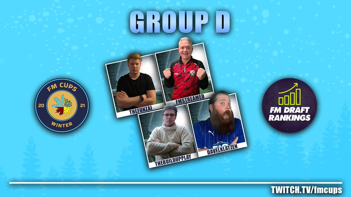 FM Cups (@fmcups) on Twitter photo 🚨Group D🚨
<a href="/TheFunzai/">TheFunzai</a>
<a href="/FMstreamed/">Football Manager Streamed</a>
<a href="/buildupplayFM/">Roman | BuildUpPlay</a>
<a href="/davelklatzen/">Davelklatzen</a>
#FM24 <a href="/FMRankings/">FM Draft Rankings</a> 🚨Group D🚨
<a href="/TheFunzai/">TheFunzai</a>
<a href="/FMstreamed/">Football Manager Streamed</a>
<a href="/buildupplayFM/">Roman | BuildUpPlay</a>
<a href="/davelklatzen/">Davelklatzen</a>
#FM24 <a href="/FMRankings/">FM Draft Rankings</a>