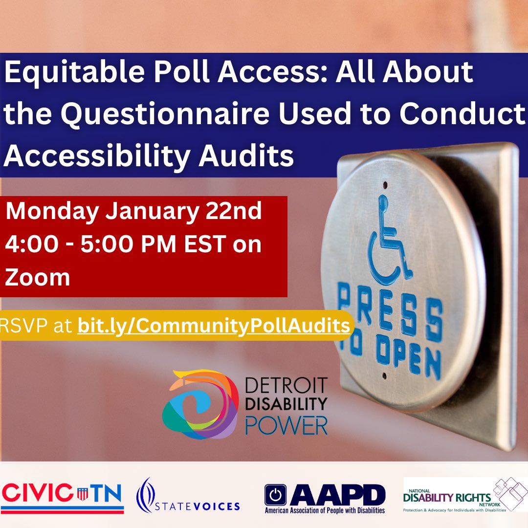 Join us on Monday January 22nd from 4-5 PM on Zoom for Equitable Poll Access: All About the Questionnaire Used to Conduct Accessibility Audits! RSVP Now: secure.everyaction.com/Qm-DrRIXIkeG88…