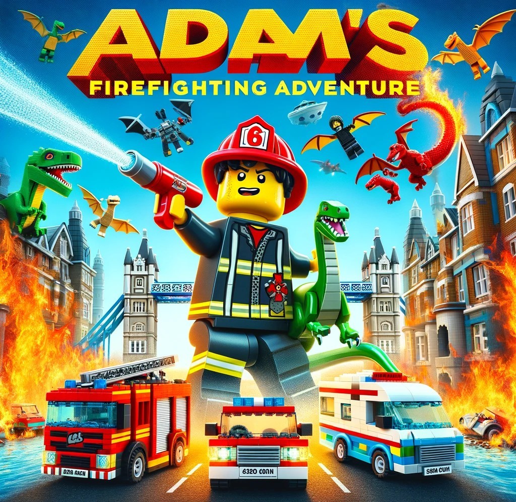 psenyi's tweet photo. For my son's birthday party, I asked AI to create an invitation design featuring the Tower Bridge, dinosaurs, firefighters and Lego. This is what I got. What do you think? https://t.co/vIlILn7416