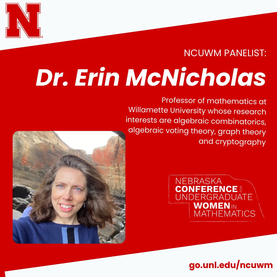 Meet #NCUWM2024 panelist, Dr. Erin McNicholas, professor of mathematics at <a href="/willamette_u/">Willamette University</a>. Her research interests include algebraic combinatorics, algebraic voting theory, graph theory and cryptography.