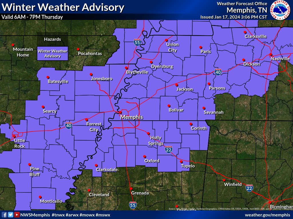 NWSMemphis's tweet image. A Winter Weather Advisory has been issued and is valid from 6AM-7PM Thursday. Freezing rain will begin in the morning and last through early afternoon. Dangerous travel conditions are expected with black ice probable. Stay safe, Mid-South. 🚘