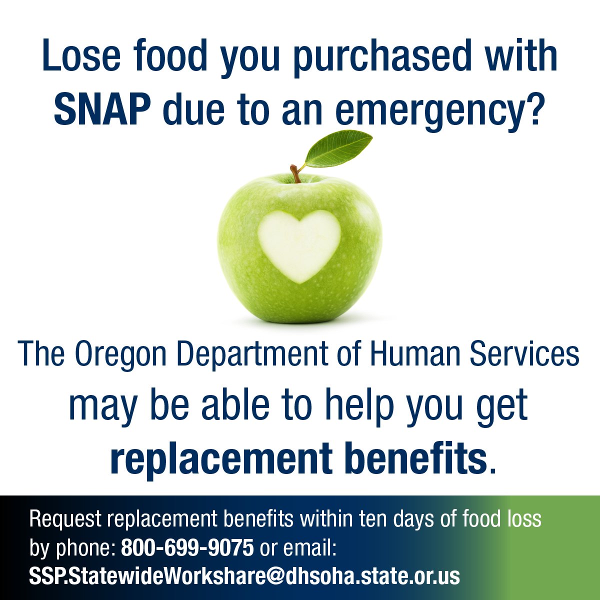 Multnomah County, OR (@multco) on Twitter photo SNAP recipients: did you have to throw away food due to Oregon's winter storm? You can request replacement SNAP benefits for up to 10 days.
Replacement benefits may be requested by:
- Calling: (800) 699-9075
- Emailing: oregon.benefits@odhs.oregon.gov SNAP recipients: did you have to throw away food due to Oregon's winter storm? You can request replacement SNAP benefits for up to 10 days.
Replacement benefits may be requested by:
- Calling: (800) 699-9075
- Emailing: oregon.benefits@odhs.oregon.gov