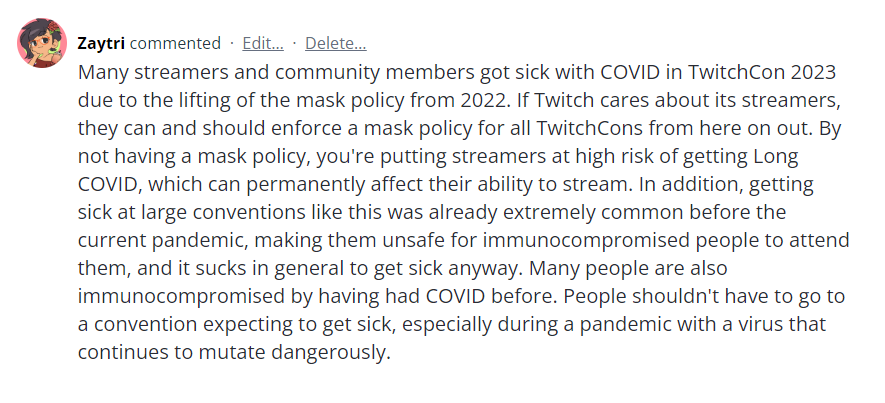imZaytri's tweet photo. Please vote for this UserVoice to have an enforced mask policy for TwitchCon 2024 like they had in 2022

https://t.co/ysb3mATLM4 https://t.co/4K71iRKJDu