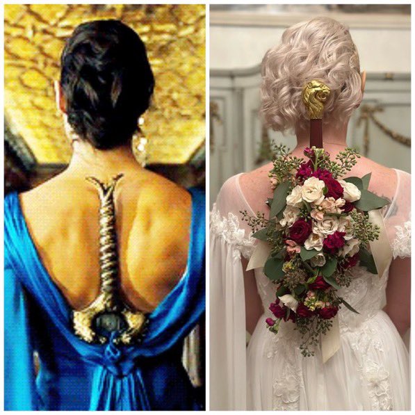mortalken's tweet photo. Enormous eternal congratulations to beautiful humans @BriannaCherry &amp; @Teatraybat1 on their more perfect union. Just when you think the joy they bring to the world can’t be any greater … this.

And Kit’s sword bouquet? So sharp.
Kudos and all good fortune, friends. https://t.co/xlkjfjDZ1h