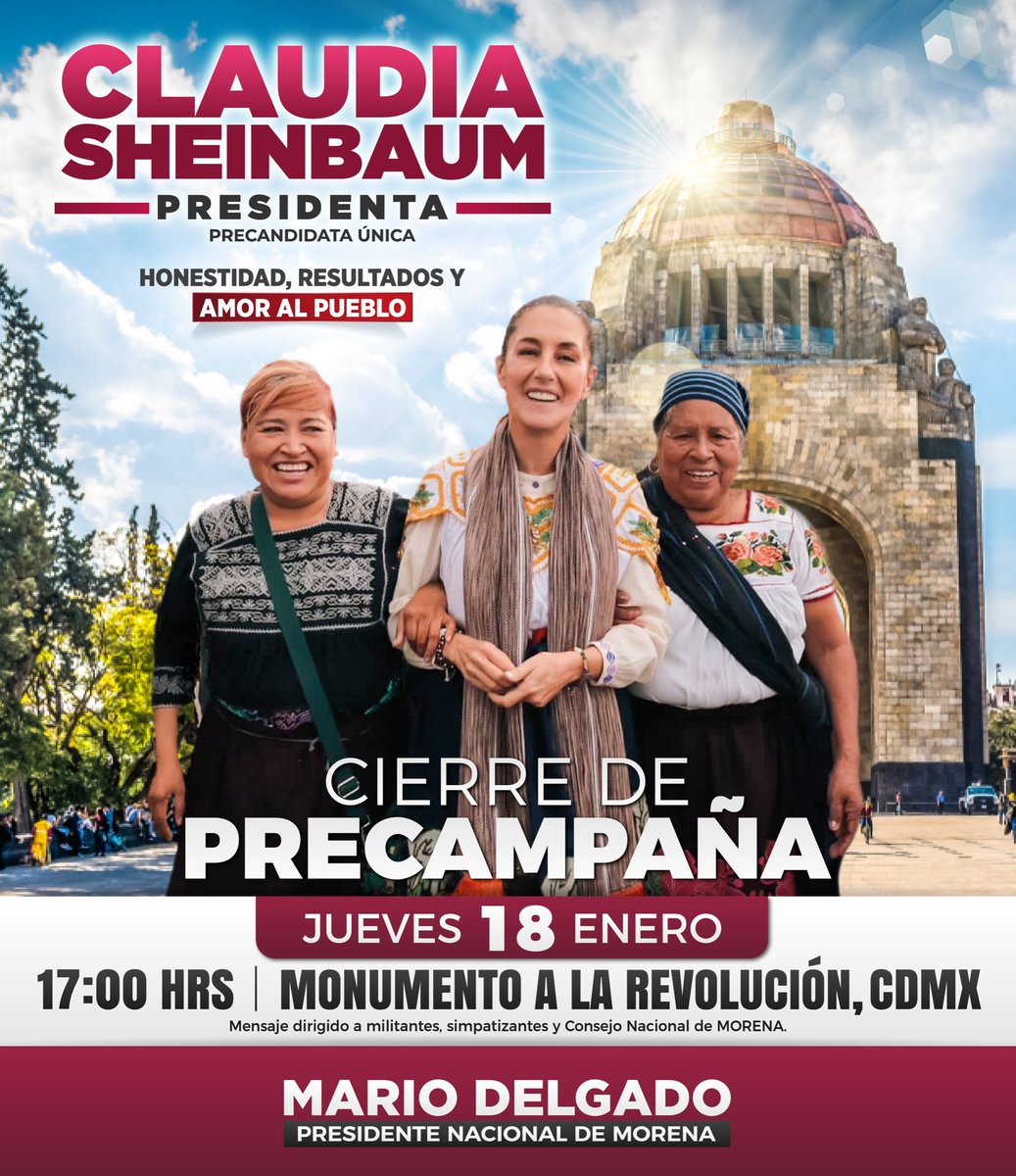 Nos vemos mañana, 18 de enero, en el cierre de precampaña de nuestra precandidata única a la Presidencia, la Dra. <a href="/Claudiashein/">Claudia Sheinbaum Pardo</a>; a las 17:00 horas en el Monumento a la Revolución de la #CDMX. 

En unidad, movilizados y organizados vamos todas y todos para seguir consolidando la