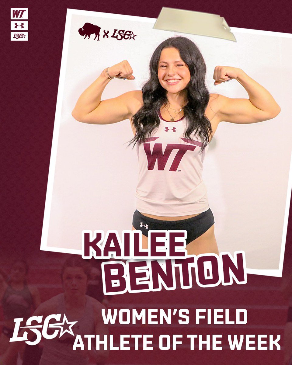 Congratulations to <a href="/kailee_benton/">Kailee Benton</a> for being selected the <a href="/lonestarconf/">Lone Star Conference</a> Women’s Field Athlete of the Week for her long jump of 5.66m (18-7), placing fourth this past weekend and ranking in the top-25 this season in NCAA Division II! 

#BuffNation #ncaatf #longjump