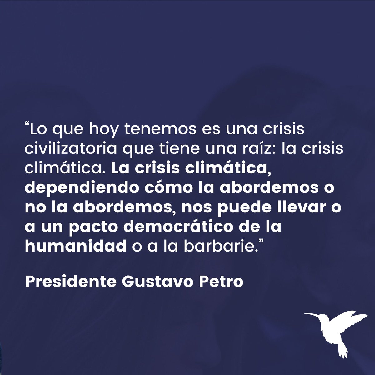 albertobemo's tweet photo. En este panel el presidente Petro habló de la crisis mundial que hoy vivimos y explicó cómo esta tiene relación directa con la crisis climática, afirmando ante líderes, expertos, jefes de estados, y medios de comunicación de todo el mundo, que la forma en que abordemos dicha crisis nos podrá llevar hacia un pacto de democracia para la humanidad o hacia la barbarie.

El presidente también hizo alusión a los esquemas de cooperación que existen para enfrentar la crisis climática y de cómo estos no son efectivos, planteando la necesidad de la “liberación de la potencia del sur”, en términos de poder generar desde el sur global energías limpias y economía descarbonizada para que estas naciones puedan así producir recursos propios.