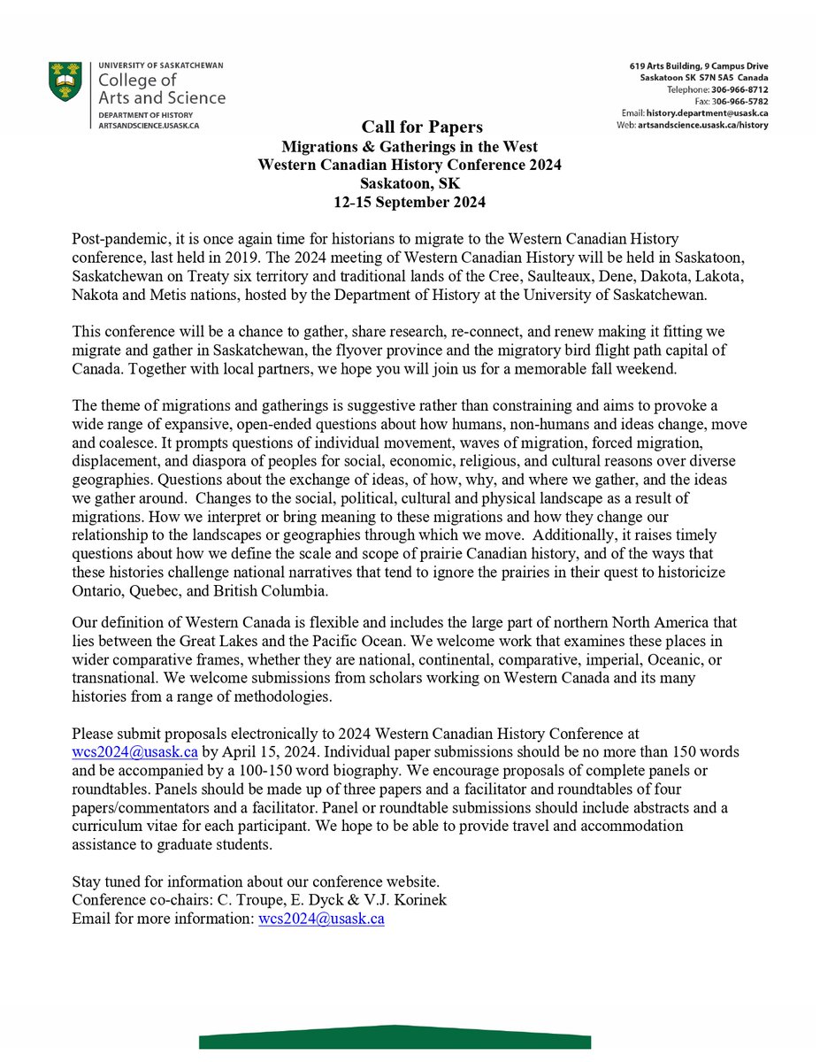 Call for Papers - Migrations &amp; Gatherings in the West, Western Canadian History Conference to be held September 12-15, 2024 in Saskatoon. Hosted by U of S Department of History. Proposal deadline April 15, 2024!
