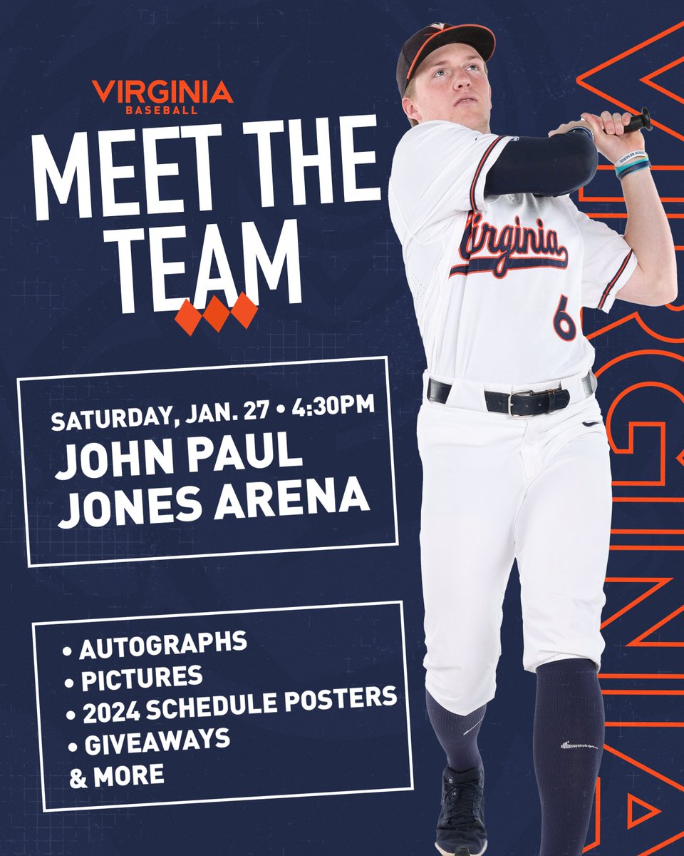 𝐓𝐇𝐈𝐒 𝐒𝐀𝐓𝐔𝐑𝐃𝐀𝐘! Meet the team inside @JPJArena lobby at 4:30 p.m. We're giving away ⬇️ • Field Level Club access for a regular season game • Signed 2024 Team ⚾️ • UVA Baseball Jersey • Opportunity to throw out first pitch at a regular season game