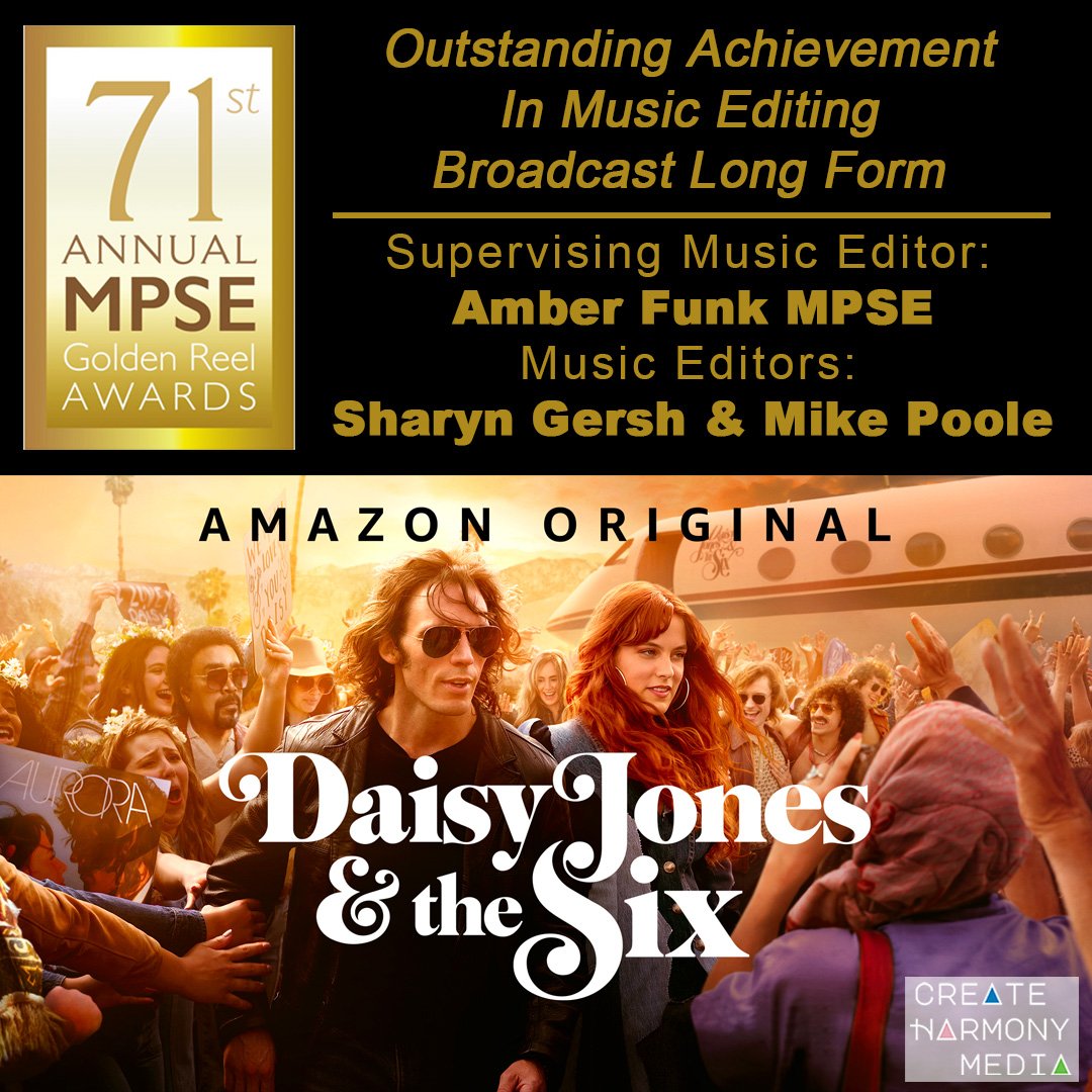 harmony_create's tweet photo. Create Harmony Media would like to congratulate Amber Funk MPSE, Sharyn Gersh and Mike Poole for their 71st annual MPSE Golden Reel Award Nomination for Daisy Jones &amp; the Six. 

#mpse #goldenreels #chm https://t.co/lsQJIvR7S3