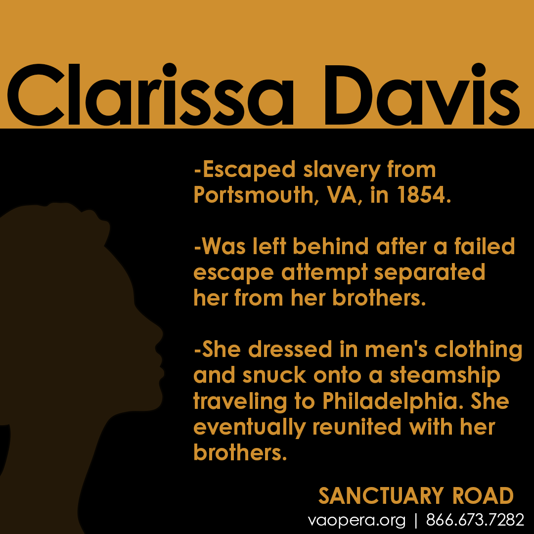 vaopera's tweet photo. Clarissa Davis fled from Portsmouth, VA, in 1854. She prayed for rain that would drive police officers away so she could escape. When it came, she dressed in men's clothing and snuck onto a steamship that went to PA: https://t.co/08FefIbzGF
#vaopera #meetopera #sanctuaryroad https://t.co/mxZvkIq01q
