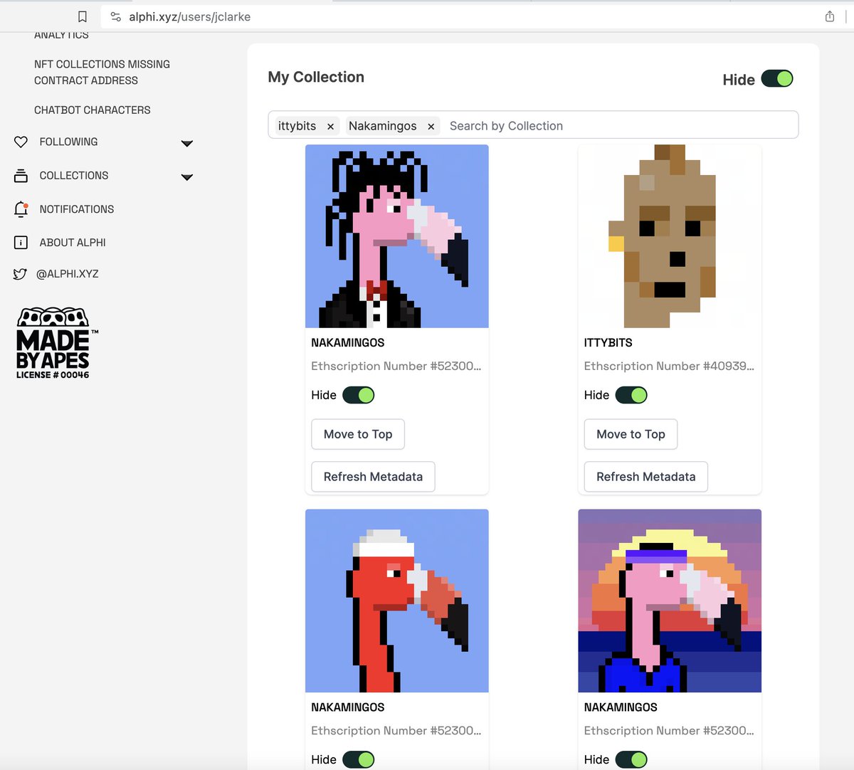 JClarke 🪐 (@jclarke) on Twitter photo For anyone that is dabbling in <a href="/ethscriptions/">Ethscriptions</a> , <a href="/AlphiXYZ/">Alphi.XYZ 🤖</a> will now detect them in your ETH wallet as long as they are not escrowed.
I've created a page for <a href="/Nakamingos/">Nakamingos 🦩</a> and <a href="/ittybits_eth/">ittybits</a>. If you are a holder you can review the projects and add to the wiki! You can also add a For anyone that is dabbling in <a href="/ethscriptions/">Ethscriptions</a> , <a href="/AlphiXYZ/">Alphi.XYZ 🤖</a> will now detect them in your ETH wallet as long as they are not escrowed.
I've created a page for <a href="/Nakamingos/">Nakamingos 🦩</a> and <a href="/ittybits_eth/">ittybits</a>. If you are a holder you can review the projects and add to the wiki! You can also add a